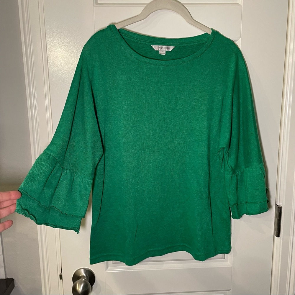 Erin London - Women’s Green Ruffle Long Sleeve Shirt, Size Small